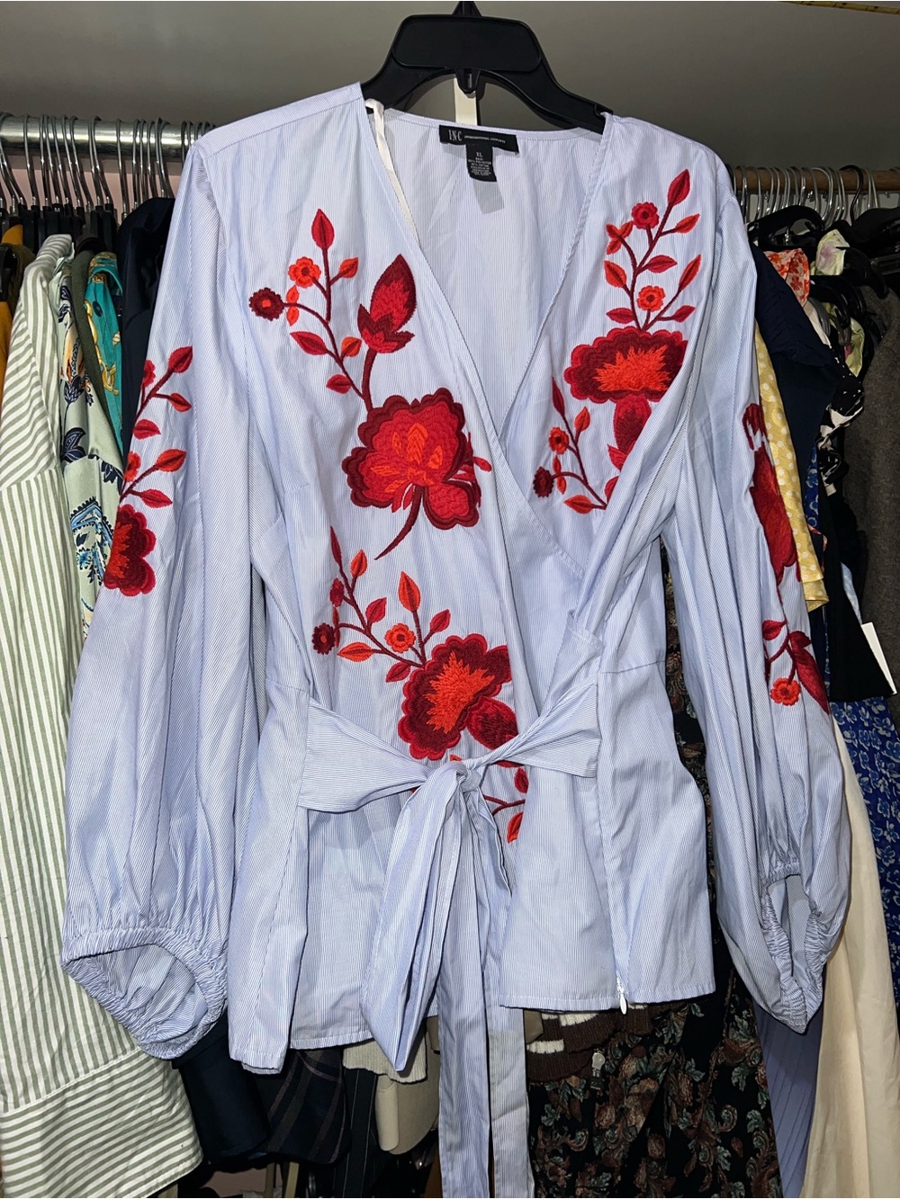 Wrap Blouse with Red Floral Embroidery